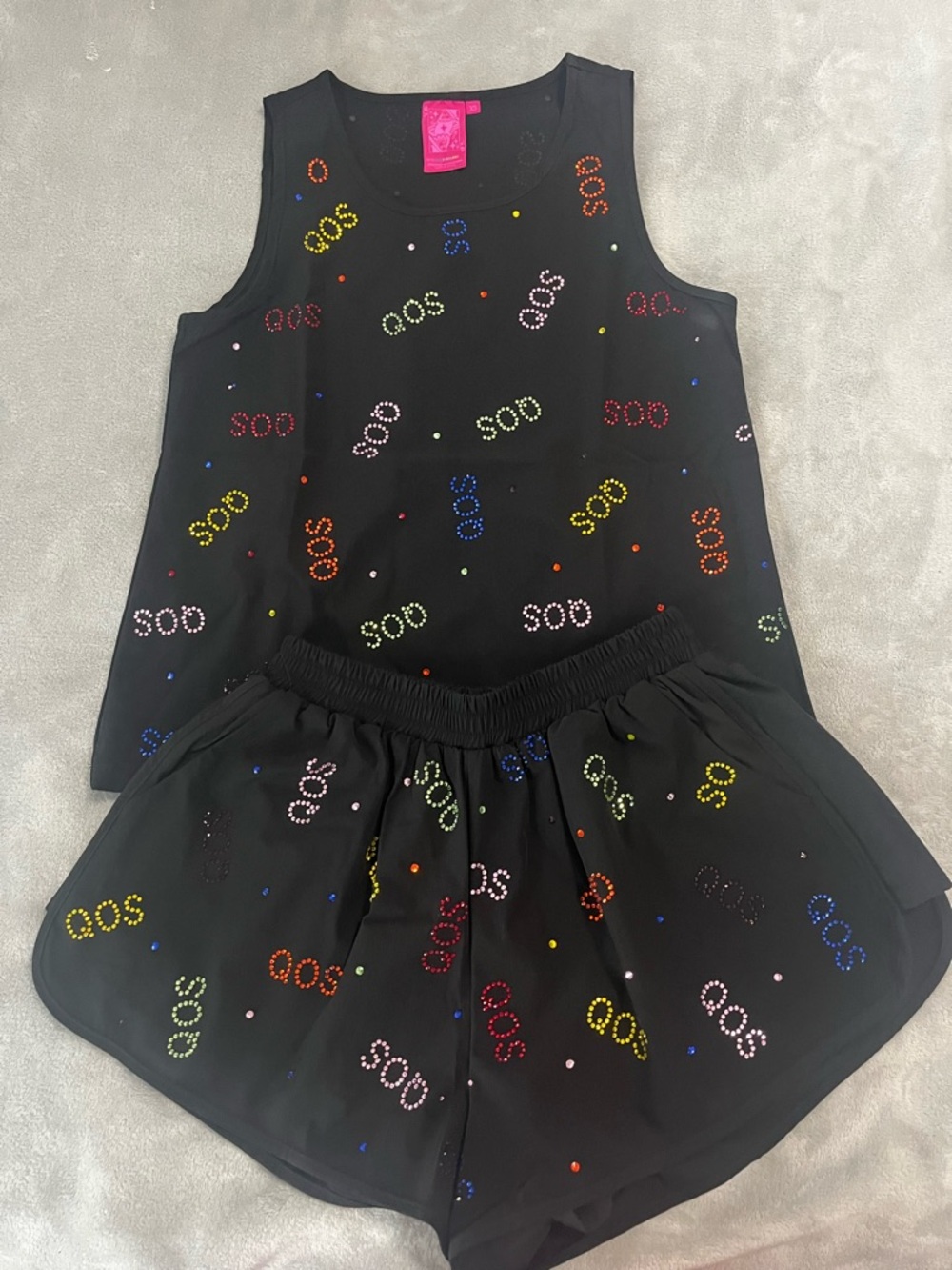 QUEEN OF SPARKLES Black Athletic Shorts Set with Multicolor Studs